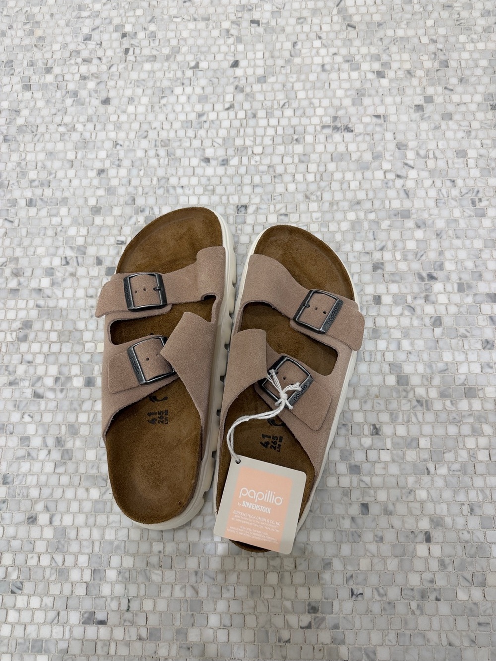 Papillio Beige Taupe Double-Buckle Suede Sandals